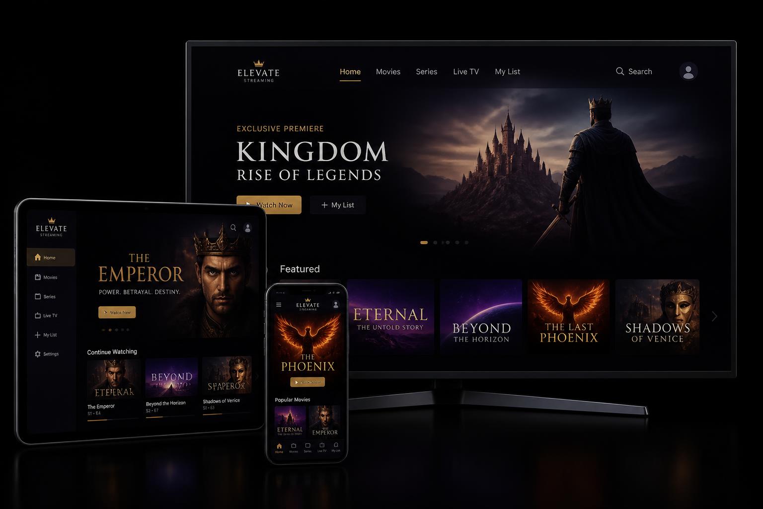 Streaming interface shown on TV, tablet and smartphone